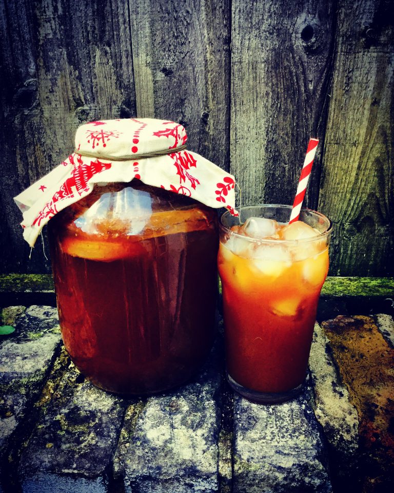 A jar of brewing kombucha and a glass of kombucha over ice with a striped straw
