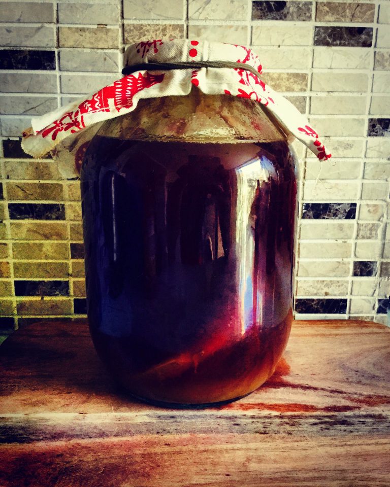 A large glass jar of brewing kombucha covered with a printed cloth and a band