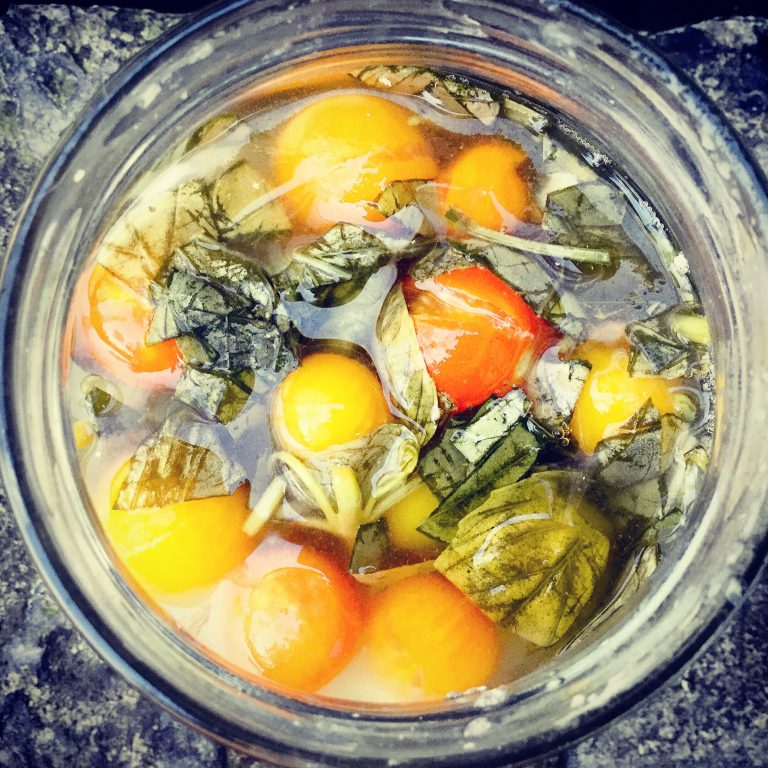 Top view of fermented cherry tomatoes with basil in cloudy brine