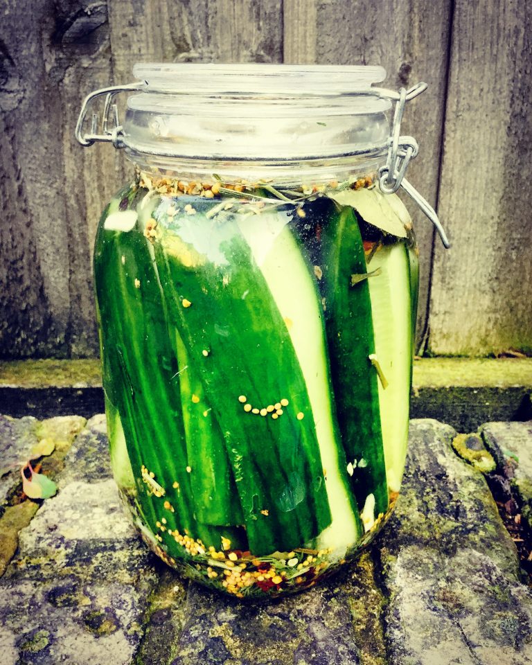 A clip-top jar of cucumber spears in brine with mustard seeds and spices
