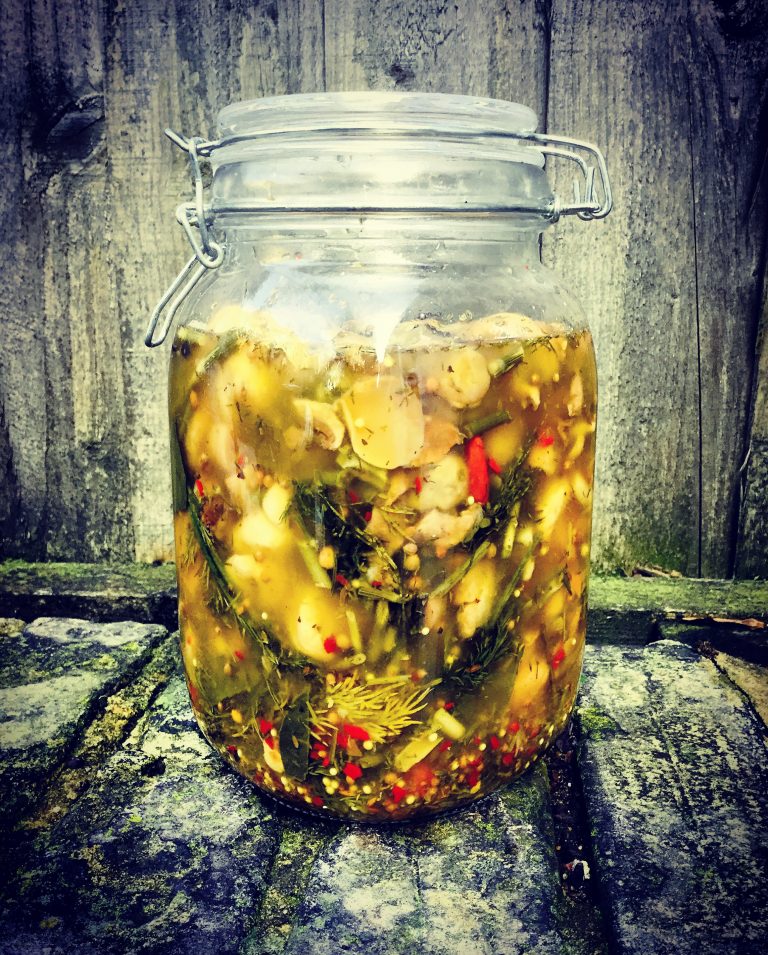 A clip-top jar of finished fermented mushrooms in golden brine with dill and red chilies
