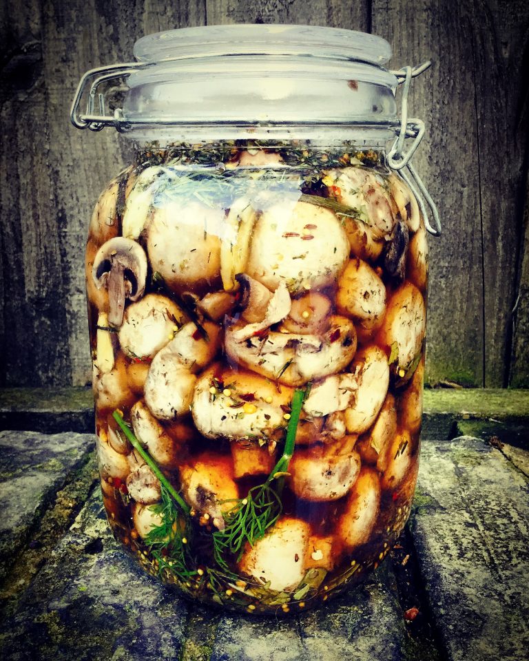 A clip-top jar of mushrooms in brine with dill and spices