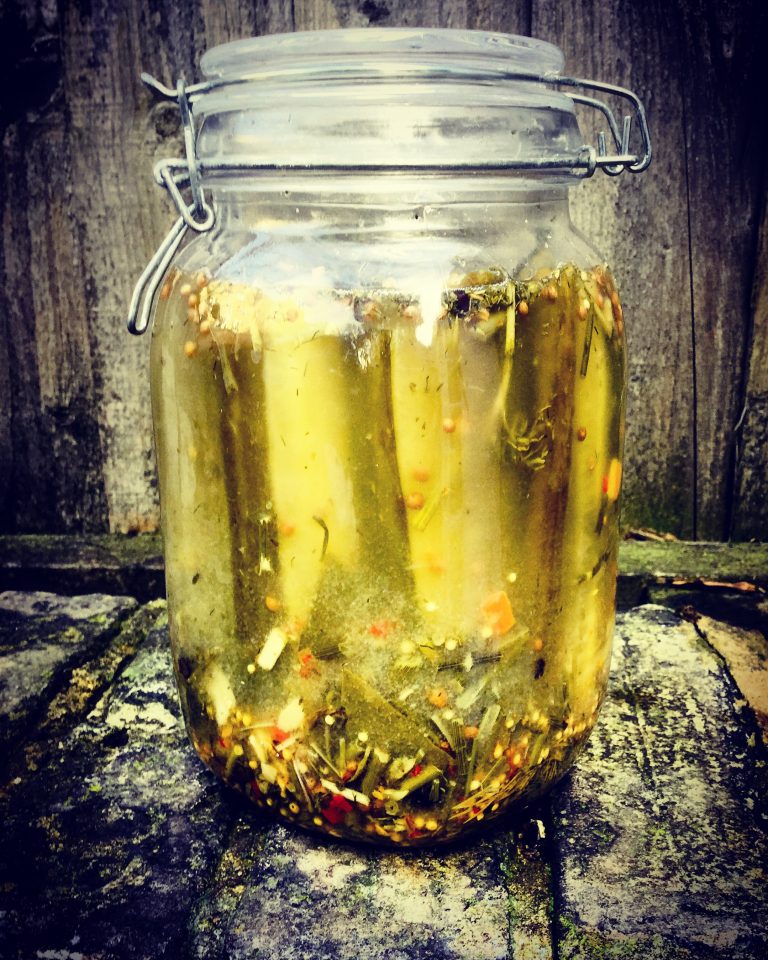 A clip-top jar of yellow-olive fermented cucumber spears with spices
